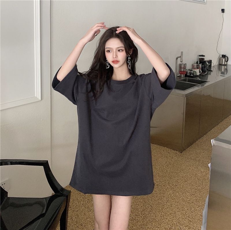 New candy colored loose fitting women's clothing, medium length large edition short sleeved top, versatile round neck small short sleeved T-shirt, simple and atmospheric, solid color fashionable and v