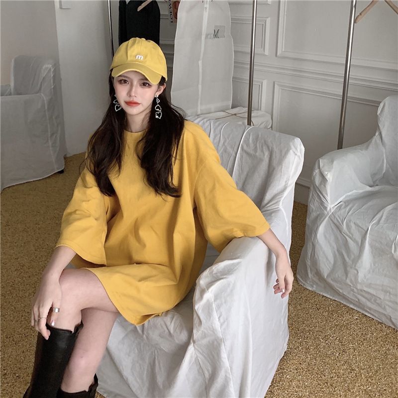 New candy colored loose fitting women's clothing, medium length large edition short sleeved top, versatile round neck small short sleeved T-shirt, simple and atmospheric, solid color fashionable and v