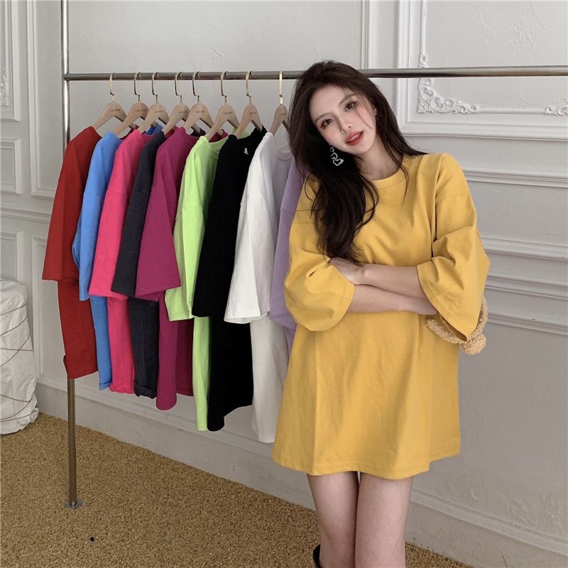 New candy colored loose fitting women's clothing, medium length large edition short sleeved top, versatile round neck small short sleeved T-shirt, simple and atmospheric, solid color fashionable and v
