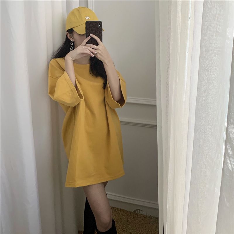 New candy colored loose fitting women's clothing, medium length large edition short sleeved top, versatile round neck small short sleeved T-shirt, simple and atmospheric, solid color fashionable and v