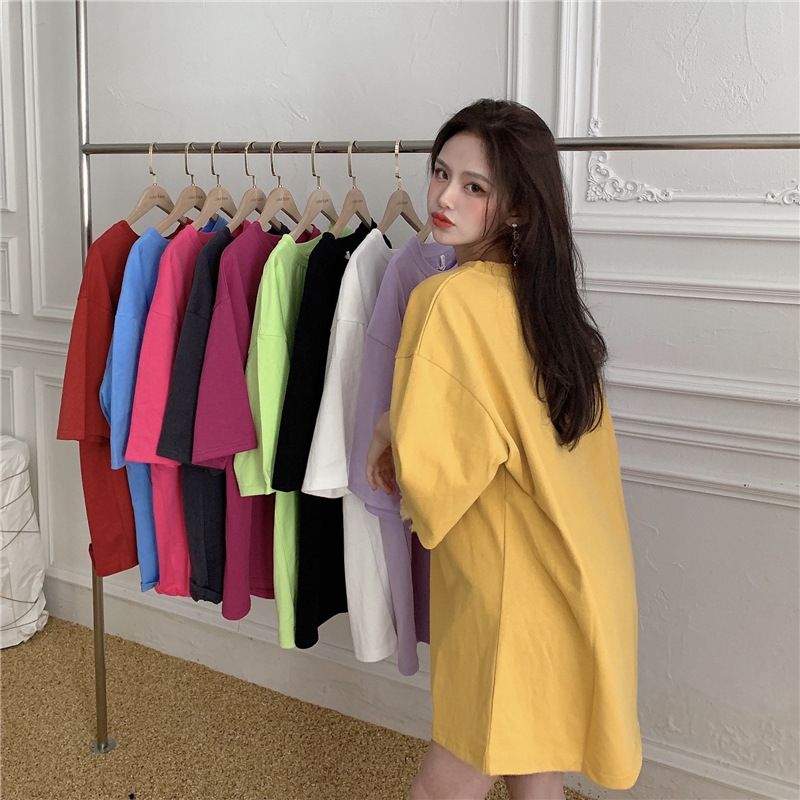 New candy colored loose fitting women's clothing, medium length large edition short sleeved top, versatile round neck small short sleeved T-shirt, simple and atmospheric, solid color fashionable and v