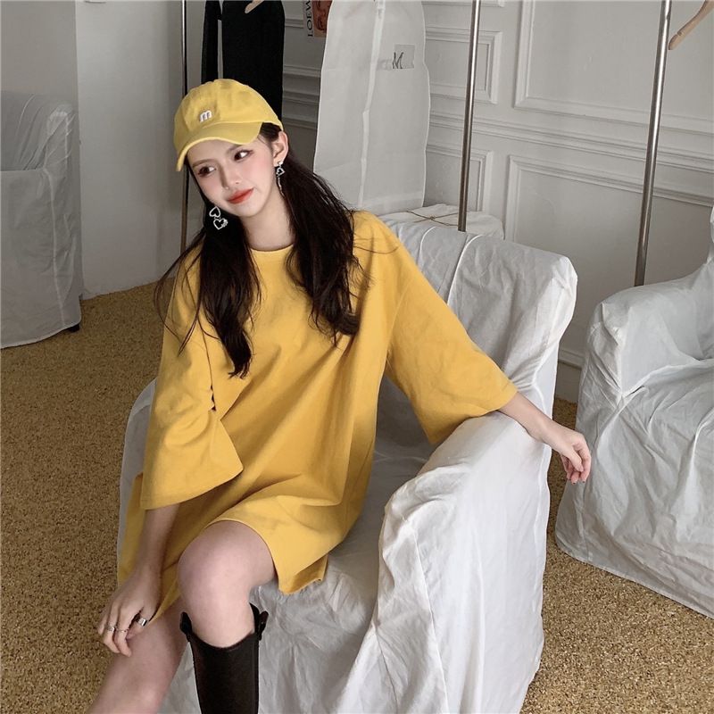 New candy colored loose fitting women's clothing, medium length large edition short sleeved top, versatile round neck small short sleeved T-shirt, simple and atmospheric, solid color fashionable and v