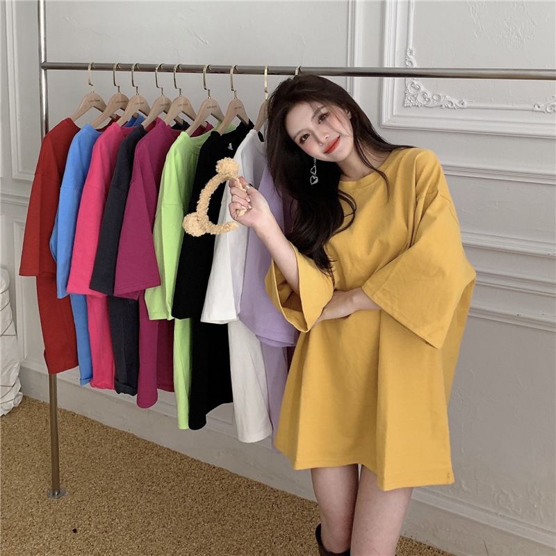 New candy colored loose fitting women's clothing, medium length large edition short sleeved top, versatile round neck small short sleeved T-shirt, simple and atmospheric, solid color fashionable and v