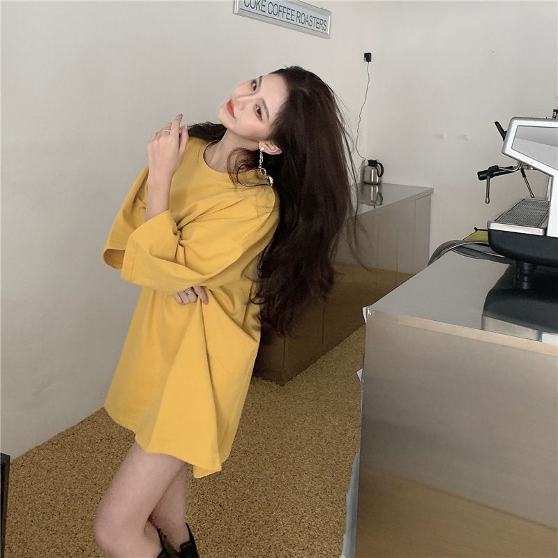 New candy colored loose fitting women's clothing, medium length large edition short sleeved top, versatile round neck small short sleeved T-shirt, simple and atmospheric, solid color fashionable and v
