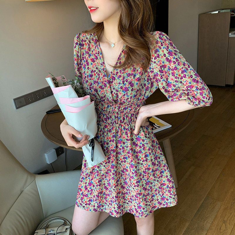 French Red V Neck Print Gradient Color A Line Dress Two Pieces Set Summer