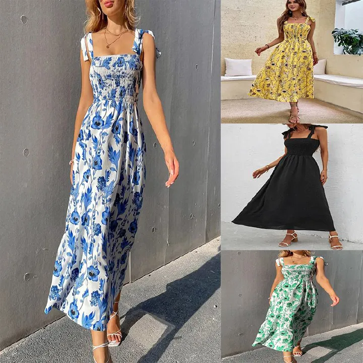 New slim fitting dress from Europe and America, sleeveless camisole print style women's long skirt, bohemian style pleated long skirt, thin shoulder strap square neck ruffle edge casual long skirt