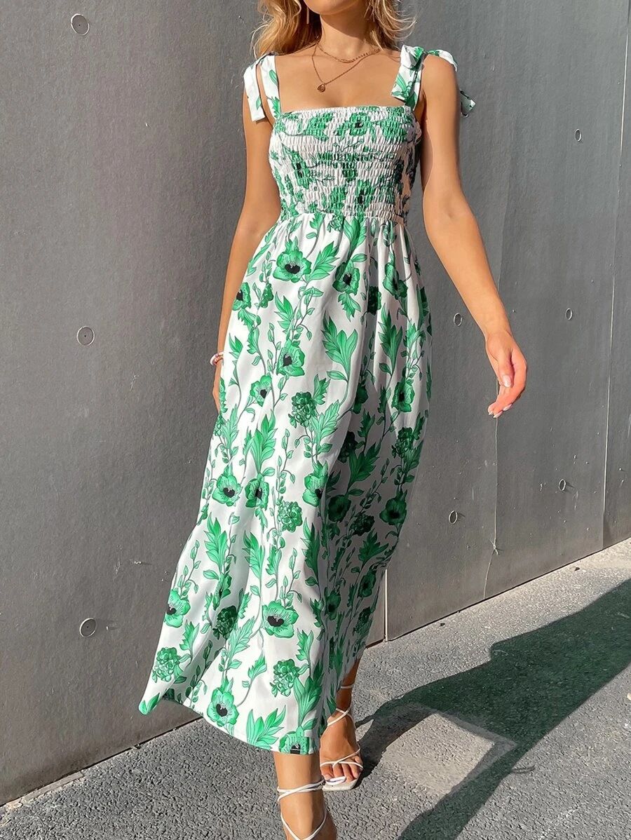New slim fitting dress from Europe and America, sleeveless camisole print style women's long skirt, bohemian style pleated long skirt, thin shoulder strap square neck ruffle edge casual long skirt