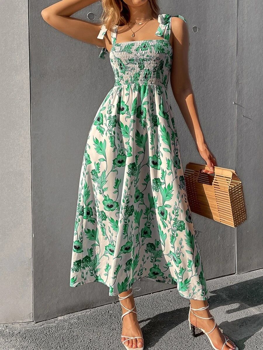 New slim fitting dress from Europe and America, sleeveless camisole print style women's long skirt, bohemian style pleated long skirt, thin shoulder strap square neck ruffle edge casual long skirt