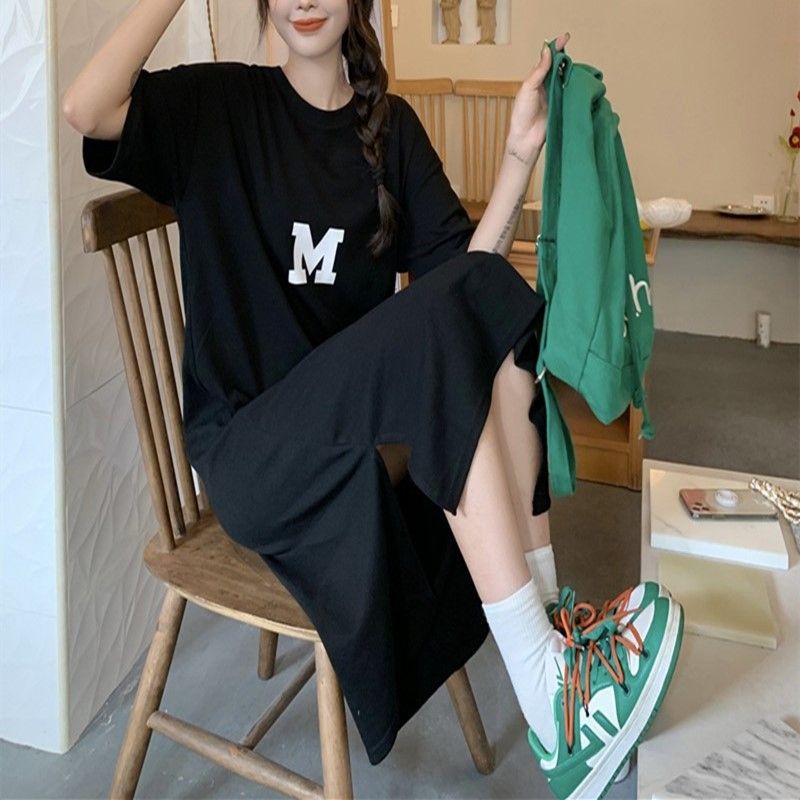 Summer new oversized women's clothing, chubby little sister loose cover belly slimming long skirt, knee length T-shirt dress, simple casual lazy style long skirt, fashionable and versatile