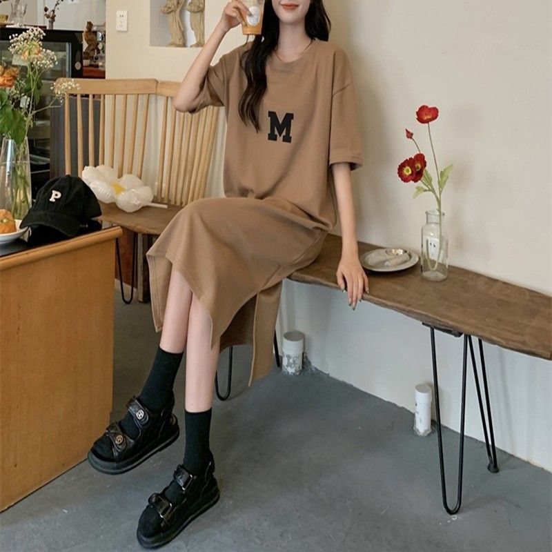 Summer new oversized women's clothing, chubby little sister loose cover belly slimming long skirt, knee length T-shirt dress, simple casual lazy style long skirt, fashionable and versatile