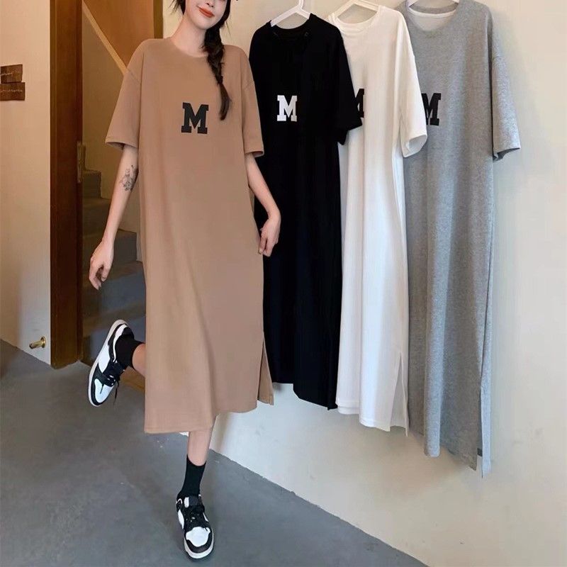 Summer new oversized women's clothing, chubby little sister loose cover belly slimming long skirt, knee length T-shirt dress, simple casual lazy style long skirt, fashionable and versatile