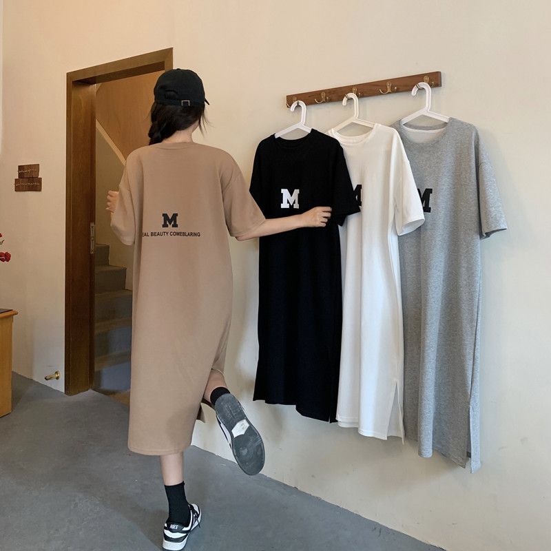 Summer new oversized women's clothing, chubby little sister loose cover belly slimming long skirt, knee length T-shirt dress, simple casual lazy style long skirt, fashionable and versatile