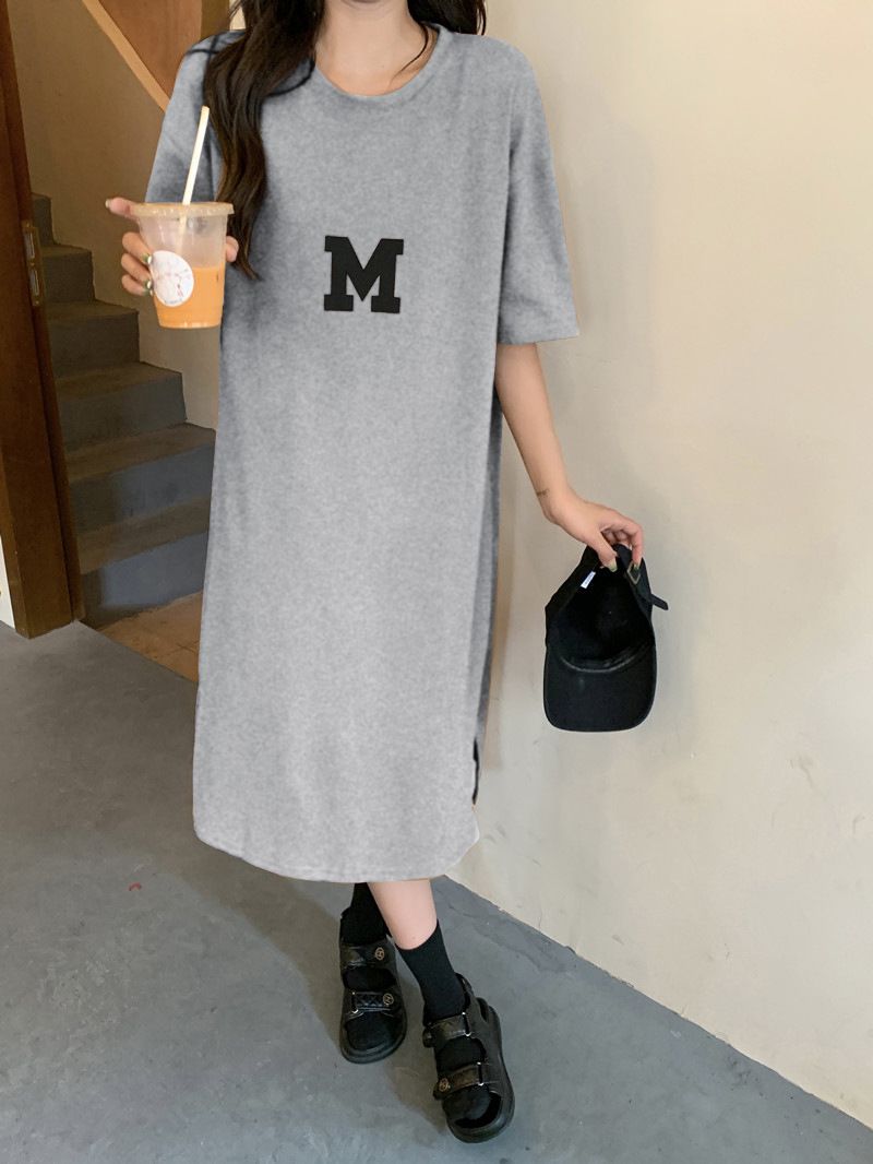 Summer new oversized women's clothing, chubby little sister loose cover belly slimming long skirt, knee length T-shirt dress, simple casual lazy style long skirt, fashionable and versatile
