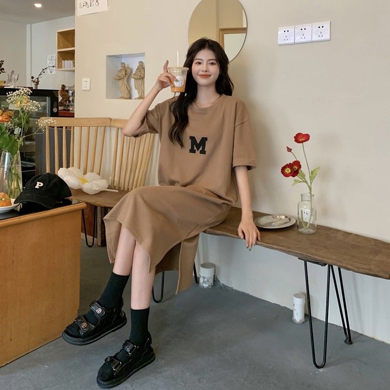 Summer new oversized women's clothing, chubby little sister loose cover belly slimming long skirt, knee length T-shirt dress, simple casual lazy style long skirt, fashionable and versatile