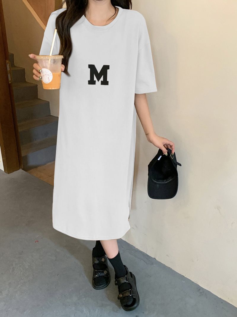 Summer new oversized women's clothing, chubby little sister loose cover belly slimming long skirt, knee length T-shirt dress, simple casual lazy style long skirt, fashionable and versatile