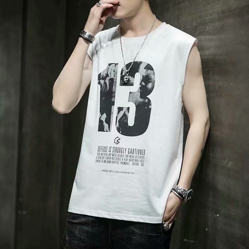 Sleeveless T-shirt for men's summer new style, trendy thin camisole loose vest, sports basketball vest for casual vest wearing, fitness personalized fashion printed top