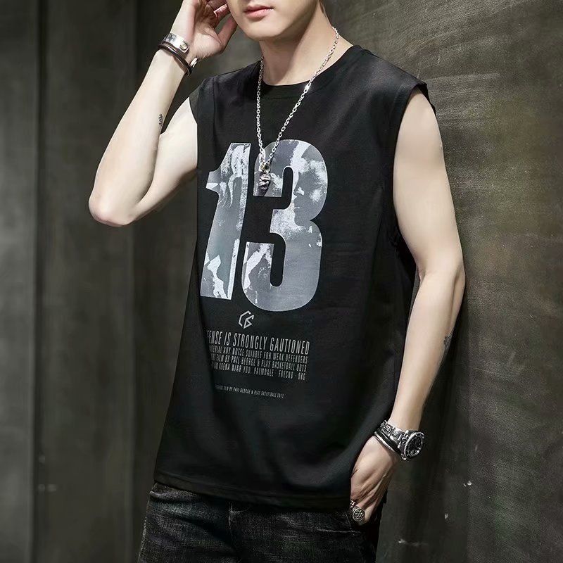Sleeveless T-shirt for men's summer new style, trendy thin camisole loose vest, sports basketball vest for casual vest wearing, fitness personalized fashion printed top