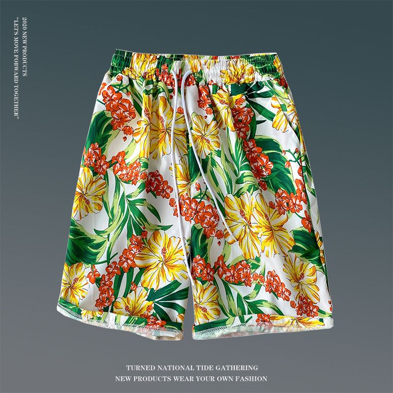 Summer floral shorts for men, loose oversized Hawaiian beach pants with large shorts, breathable and quick drying, couple's capris for external wear, trendy shorts, quick drying pants