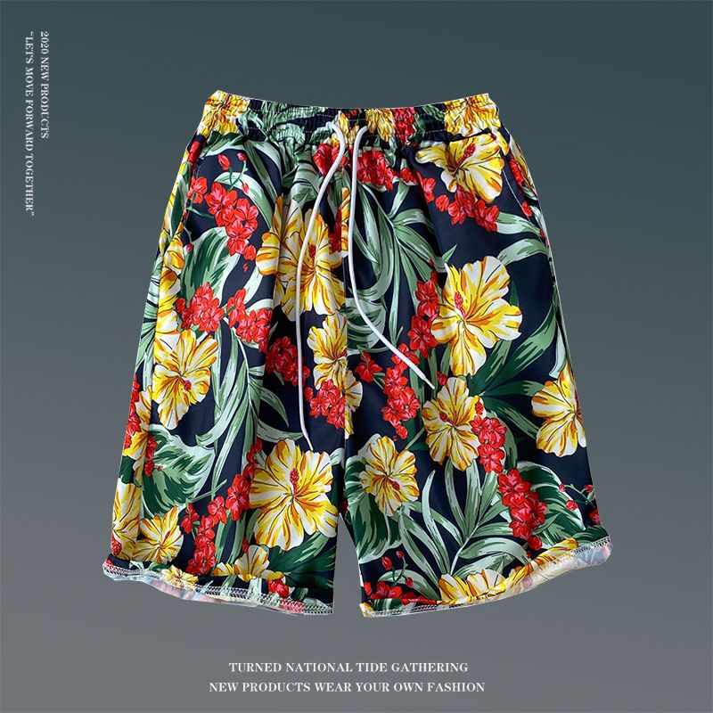Summer floral shorts for men, loose oversized Hawaiian beach pants with large shorts, breathable and quick drying, couple's capris for external wear, trendy shorts, quick drying pants
