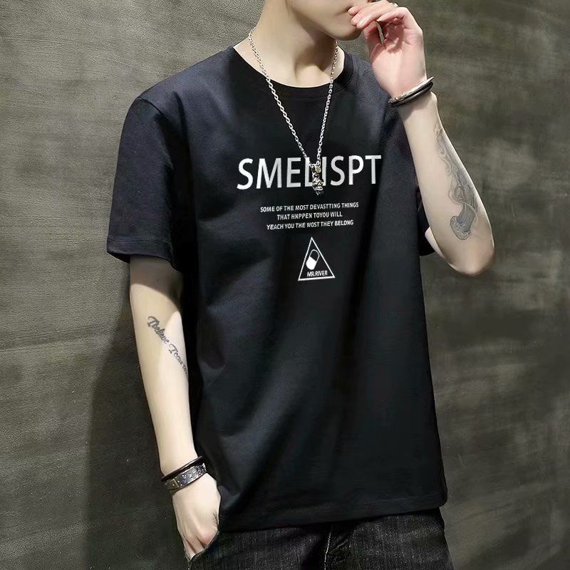 New printed short sleeve T-shirt for men, slim fitting Korean round neck top, summer versatile thin half sleeve base coat, Tiktok -- popular
