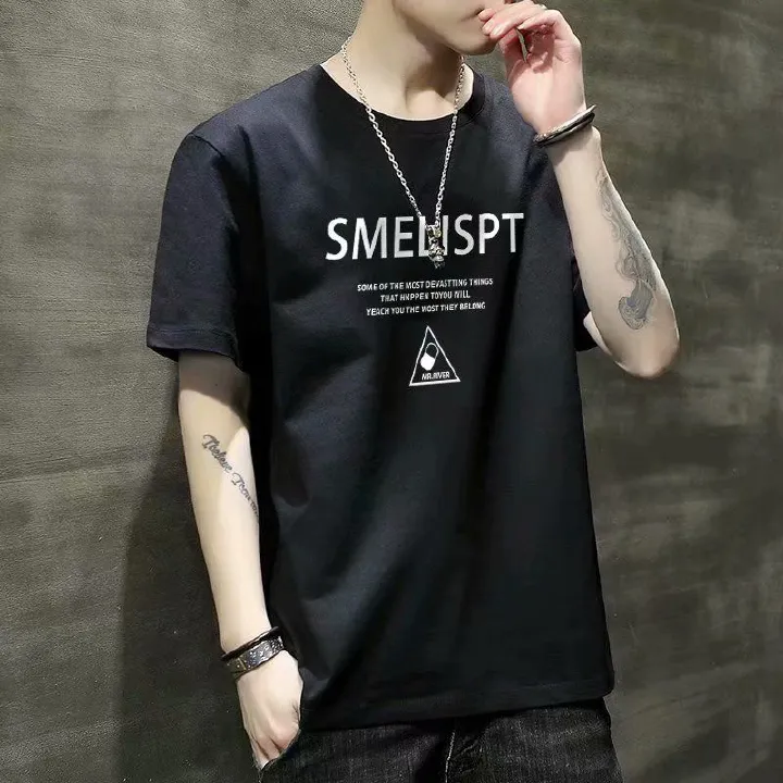 New printed short sleeve T-shirt for men, slim fitting Korean round neck top, summer versatile thin half sleeve base coat, Tiktok -- popular