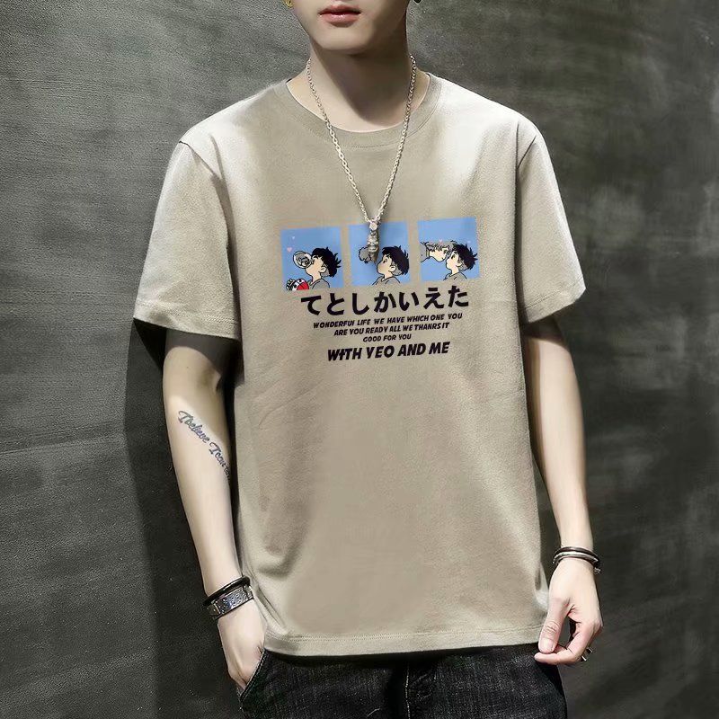 New printed short sleeve T-shirt for men, slim fitting Korean round neck top, summer versatile thin half sleeve base coat, Tiktok -- popular