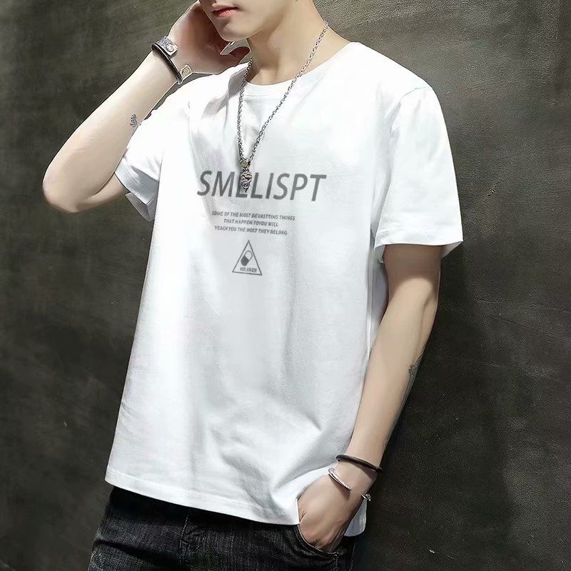 New printed short sleeve T-shirt for men, slim fitting Korean round neck top, summer versatile thin half sleeve base coat, Tiktok -- popular