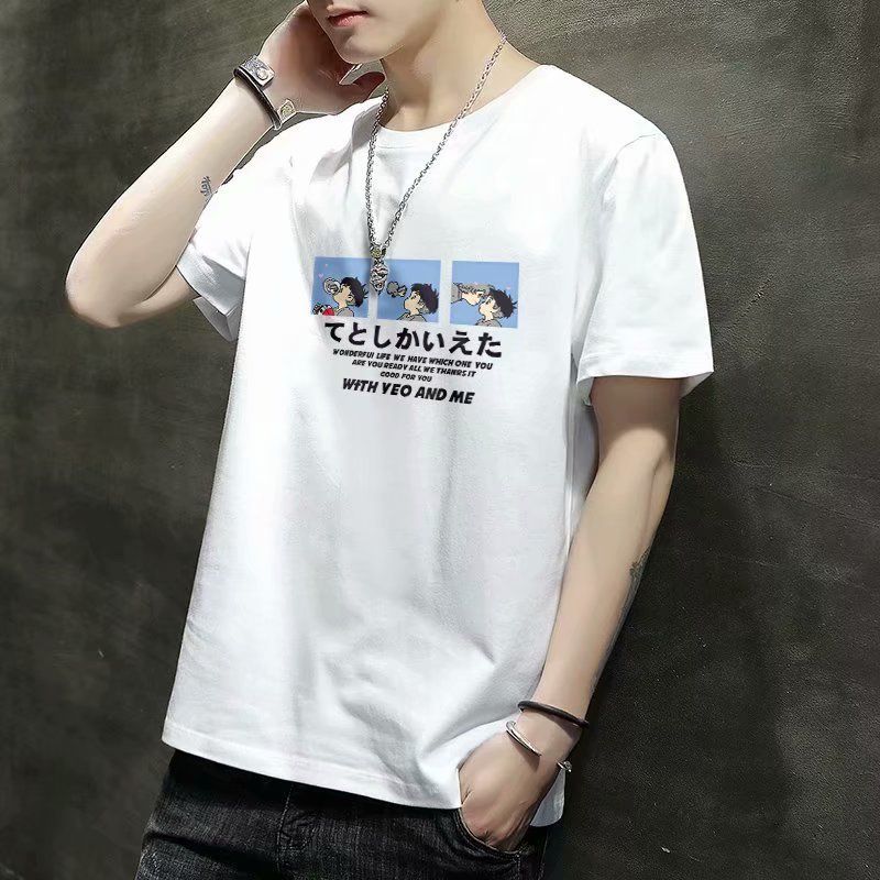 New printed short sleeve T-shirt for men, slim fitting Korean round neck top, summer versatile thin half sleeve base coat, Tiktok -- popular