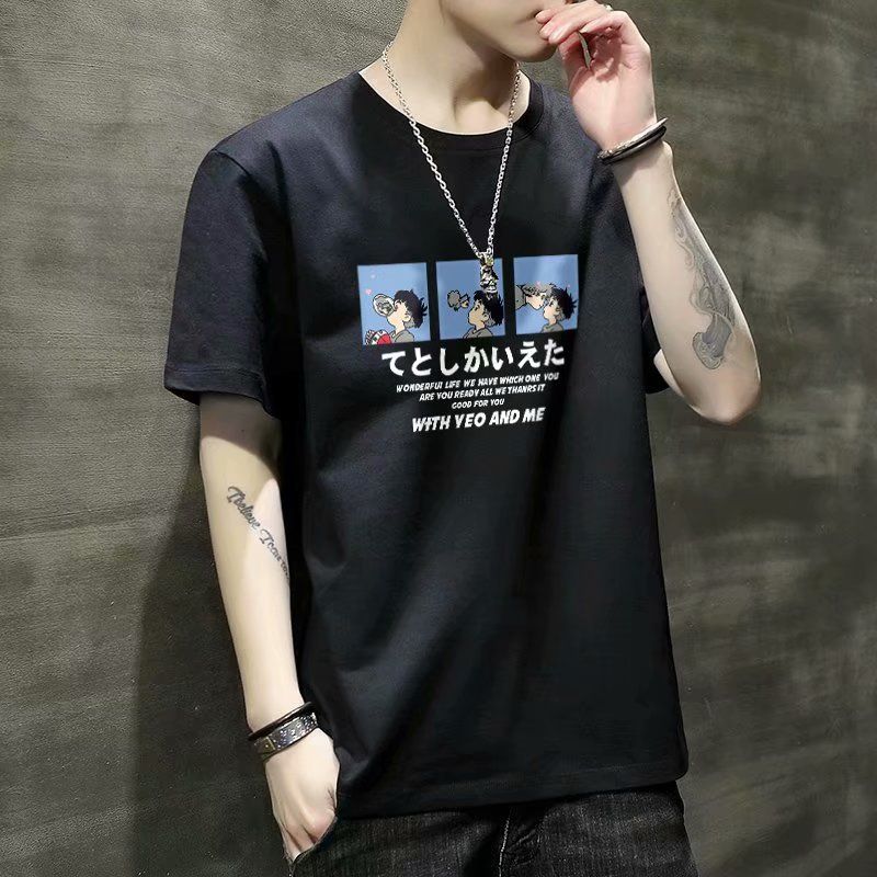 New printed short sleeve T-shirt for men, slim fitting Korean round neck top, summer versatile thin half sleeve base coat, Tiktok -- popular
