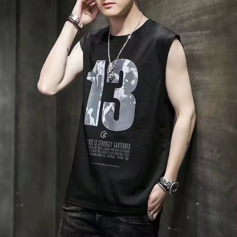 New sleeveless T-shirt, men's trendy summer ice silk camisole top, loose sports basketball vest, casual vest for outerwear, personalized and fashionable printed top
