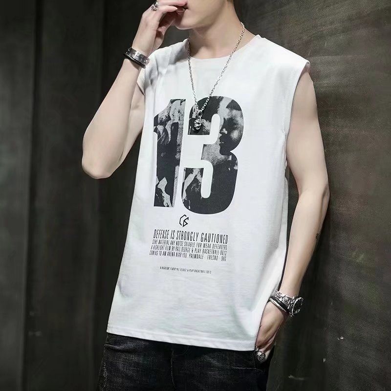 New sleeveless T-shirt, men's trendy summer ice silk camisole top, loose sports basketball vest, casual vest for outerwear, personalized and fashionable printed top