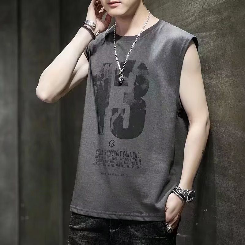 New sleeveless T-shirt, men's trendy summer ice silk camisole top, loose sports basketball vest, casual vest for outerwear, personalized and fashionable printed top