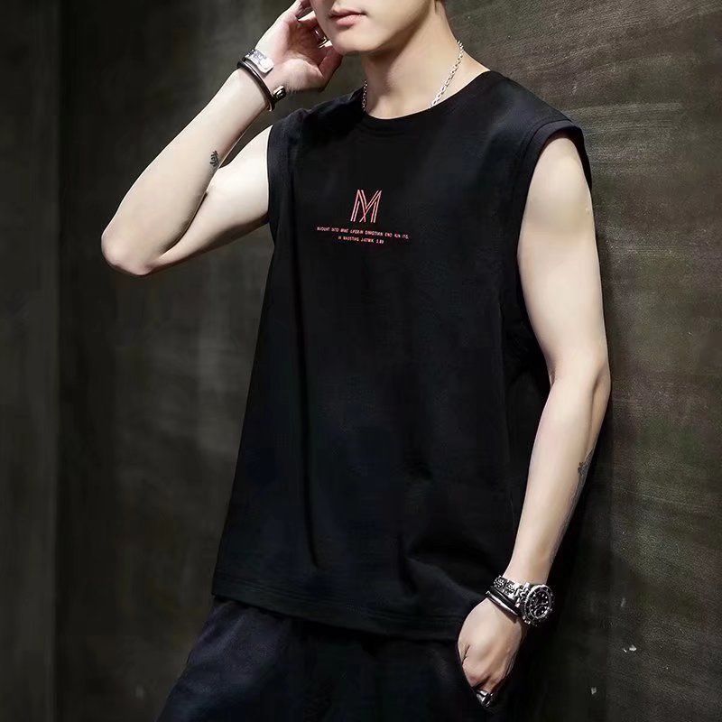 New sleeveless T-shirt, men's trendy summer ice silk camisole top, loose sports basketball vest, casual vest for outerwear, personalized and fashionable printed top