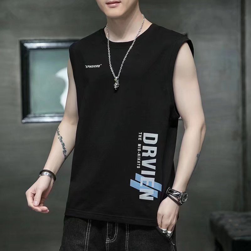 New sleeveless T-shirt, men's trendy summer ice silk camisole top, loose sports basketball vest, casual vest for outerwear, personalized and fashionable printed top