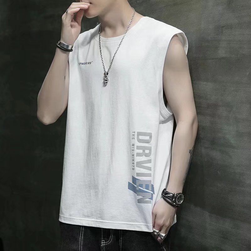 New sleeveless T-shirt, men's trendy summer ice silk camisole top, loose sports basketball vest, casual vest for outerwear, personalized and fashionable printed top