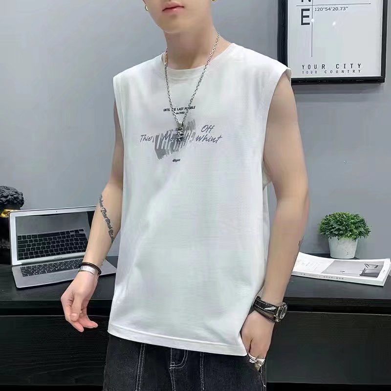 New sleeveless T-shirt, men's trendy summer ice silk camisole top, loose sports basketball vest, casual vest for outerwear, personalized and fashionable printed top