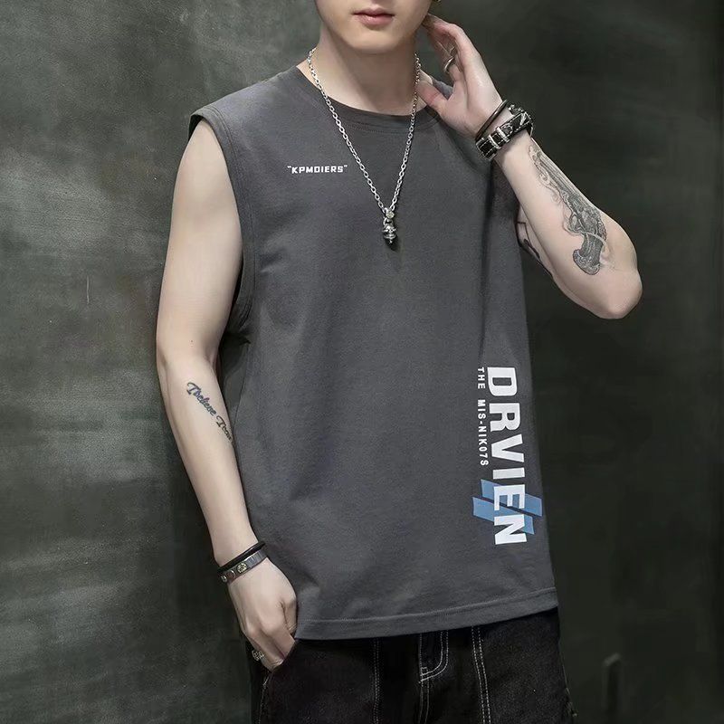 New sleeveless T-shirt, men's trendy summer ice silk camisole top, loose sports basketball vest, casual vest for outerwear, personalized and fashionable printed top