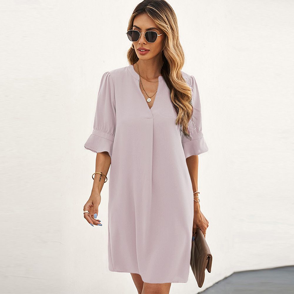 European and American summer new chiffon dress for women, solid color loose casual V-neck short sleeved knee length skirt, ruffled A-line skirt, slim fit fashion, simple and versatile