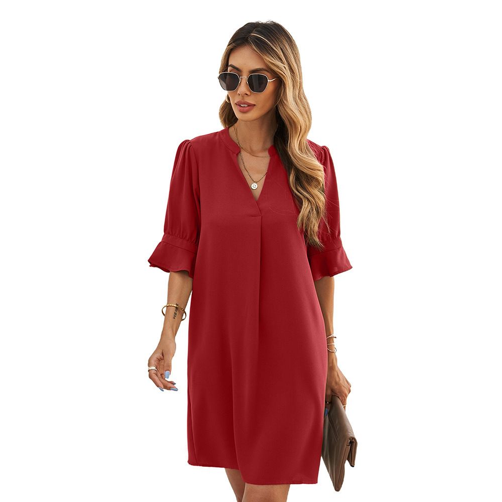 European and American summer new chiffon dress for women, solid color loose casual V-neck short sleeved knee length skirt, ruffled A-line skirt, slim fit fashion, simple and versatile