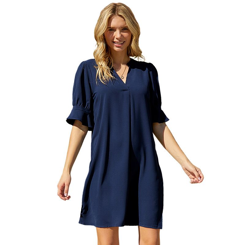 European and American summer new chiffon dress for women, solid color loose casual V-neck short sleeved knee length skirt, ruffled A-line skirt, slim fit fashion, simple and versatile