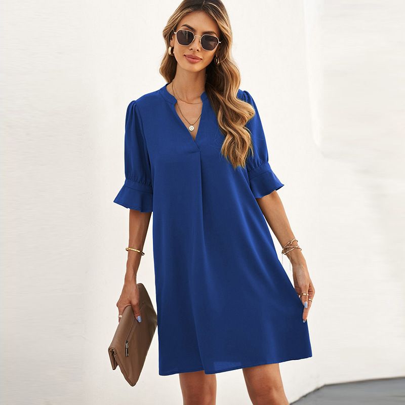 European and American summer new chiffon dress for women, solid color loose casual V-neck short sleeved knee length skirt, ruffled A-line skirt, slim fit fashion, simple and versatile