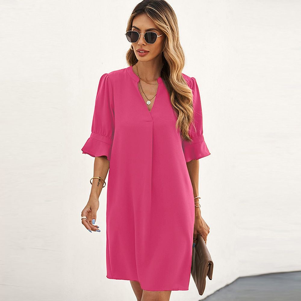 European and American summer new chiffon dress for women, solid color loose casual V-neck short sleeved knee length skirt, ruffled A-line skirt, slim fit fashion, simple and versatile