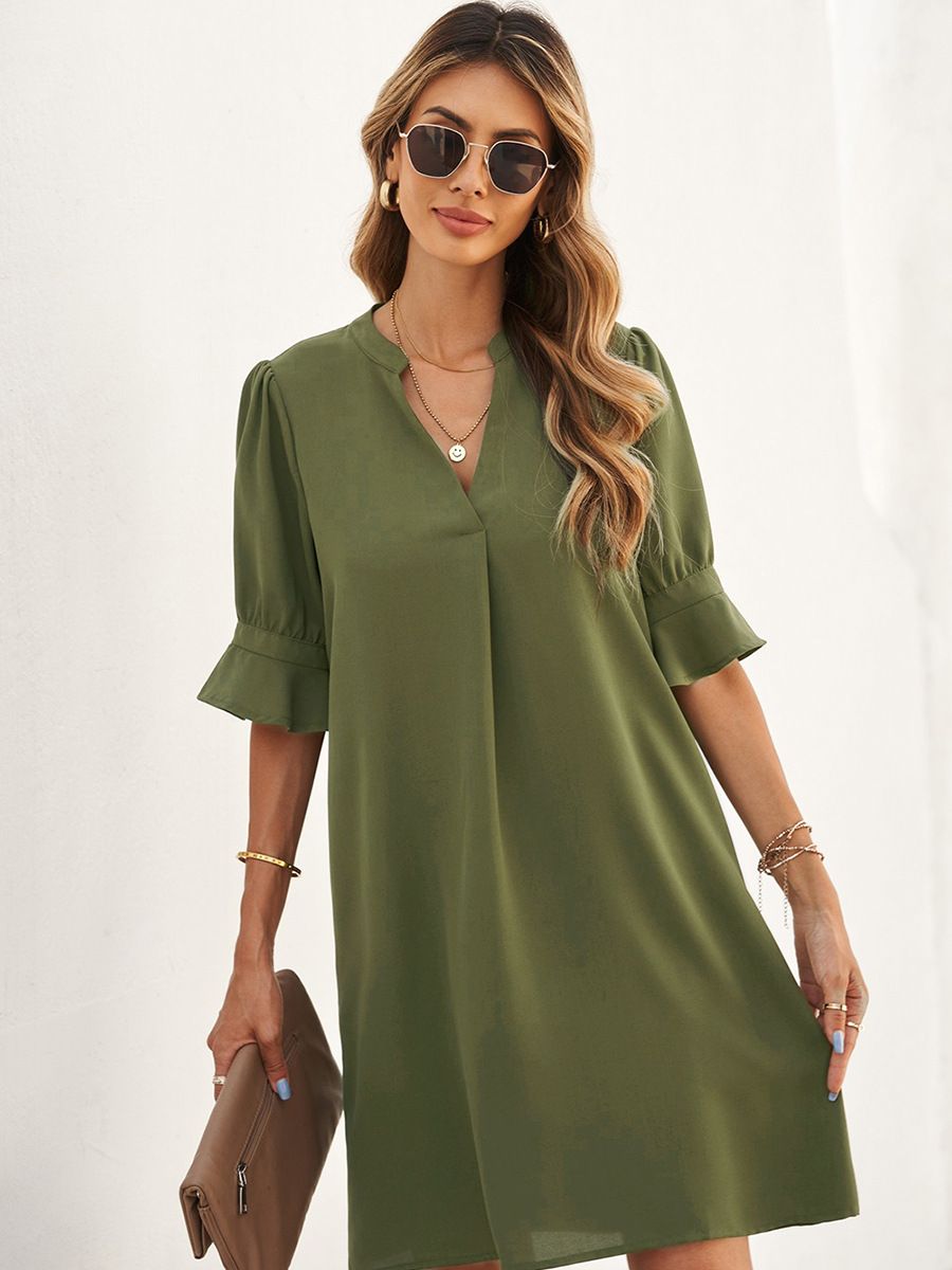 European and American summer new chiffon dress for women, solid color loose casual V-neck short sleeved knee length skirt, ruffled A-line skirt, slim fit fashion, simple and versatile