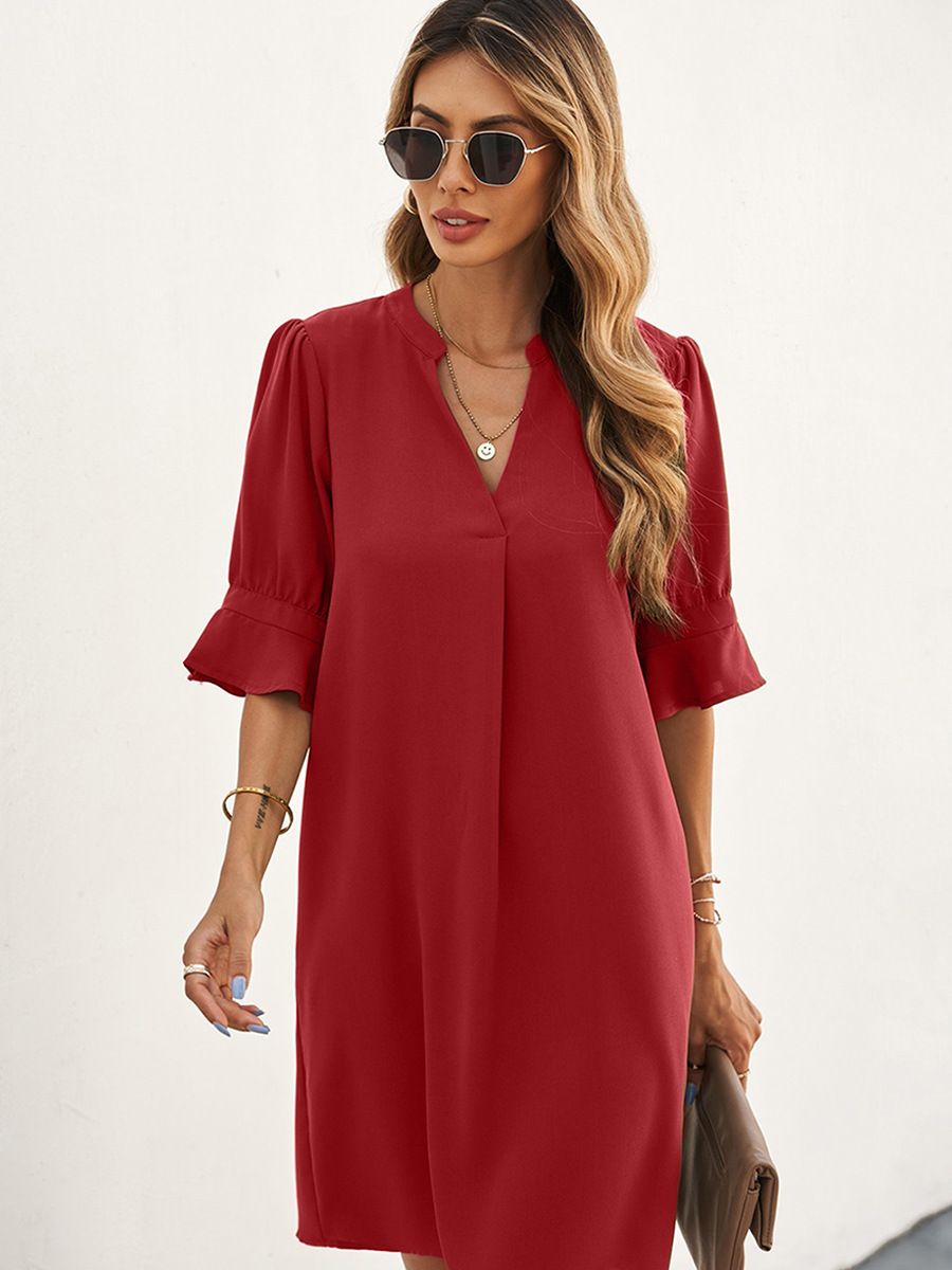 European and American summer new chiffon dress for women, solid color loose casual V-neck short sleeved knee length skirt, ruffled A-line skirt, slim fit fashion, simple and versatile