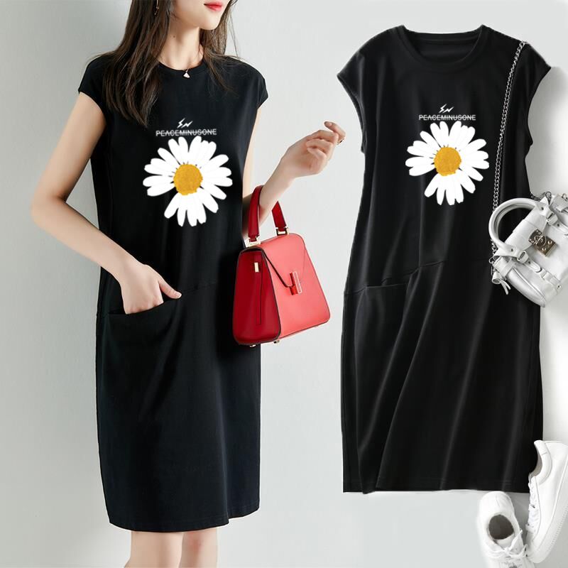 Summer new loose fitting dress, solid color T-shirt dress, women's Korean version medium length fairy dress, fashionable printed round neck long dress, solid color with pockets, simple and elegant, fa
