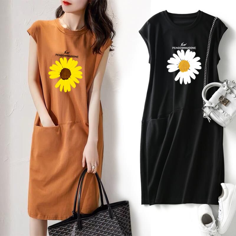 Summer new loose fitting dress, solid color T-shirt dress, women's Korean version medium length fairy dress, fashionable printed round neck long dress, solid color with pockets, simple and elegant, fa