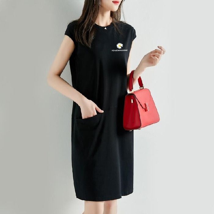 Summer new loose fitting dress, solid color T-shirt dress, women's Korean version medium length fairy dress, fashionable printed round neck long dress, solid color with pockets, simple and elegant, fa