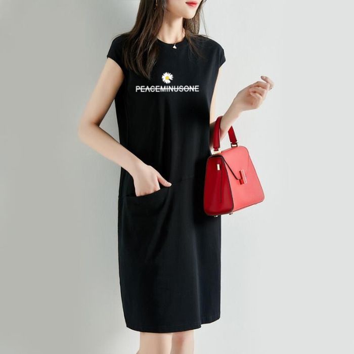 Summer new loose fitting dress, solid color T-shirt dress, women's Korean version medium length fairy dress, fashionable printed round neck long dress, solid color with pockets, simple and elegant, fa