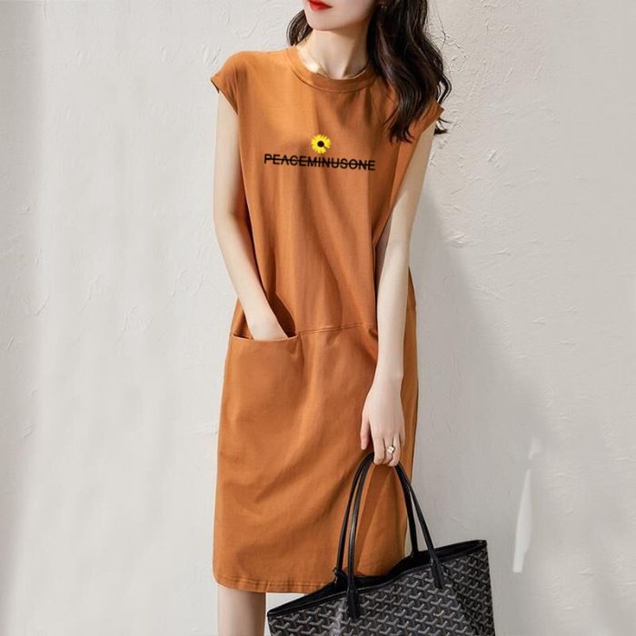 Summer new loose fitting dress, solid color T-shirt dress, women's Korean version medium length fairy dress, fashionable printed round neck long dress, solid color with pockets, simple and elegant, fa