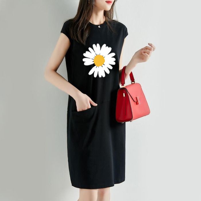 Summer new loose fitting dress, solid color T-shirt dress, women's Korean version medium length fairy dress, fashionable printed round neck long dress, solid color with pockets, simple and elegant, fa